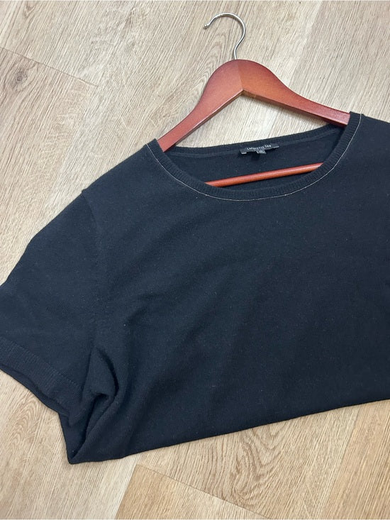 Lafayette 148 100% Cashmere Black Short Sleeve Knit Top Beaded Neckline