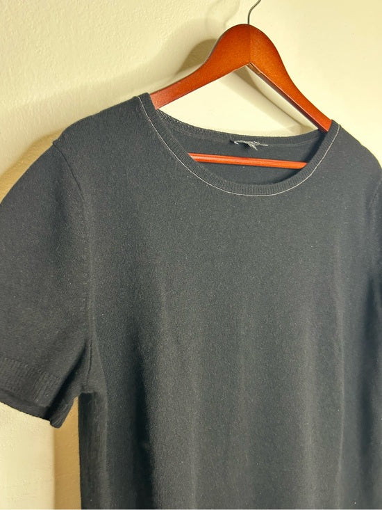 Lafayette 148 100% Cashmere Black Short Sleeve Knit Top Beaded Neckline