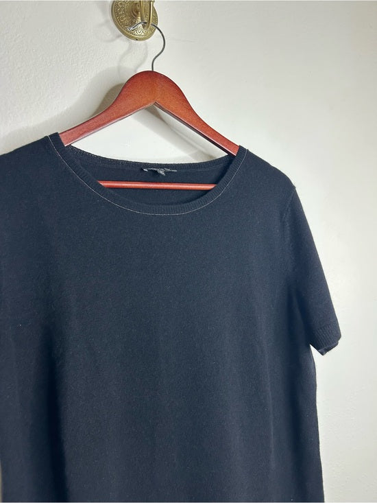 Lafayette 148 100% Cashmere Black Short Sleeve Knit Top Beaded Neckline