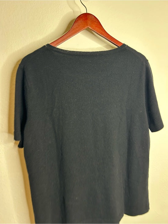 Lafayette 148 100% Cashmere Black Short Sleeve Knit Top Beaded Neckline