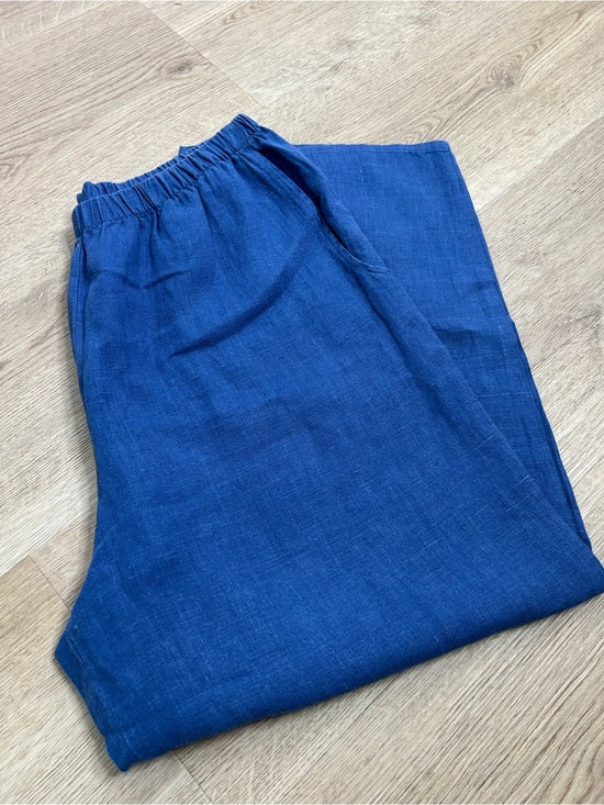 FLAX 100% Linen Blue Cropped Wide Leg Pull on Pant