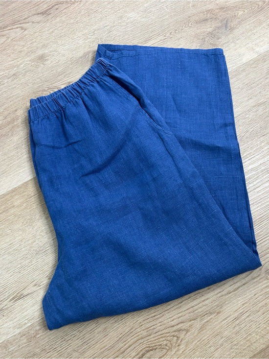 FLAX 100% Linen Blue Cropped Wide Leg Pull on Pant