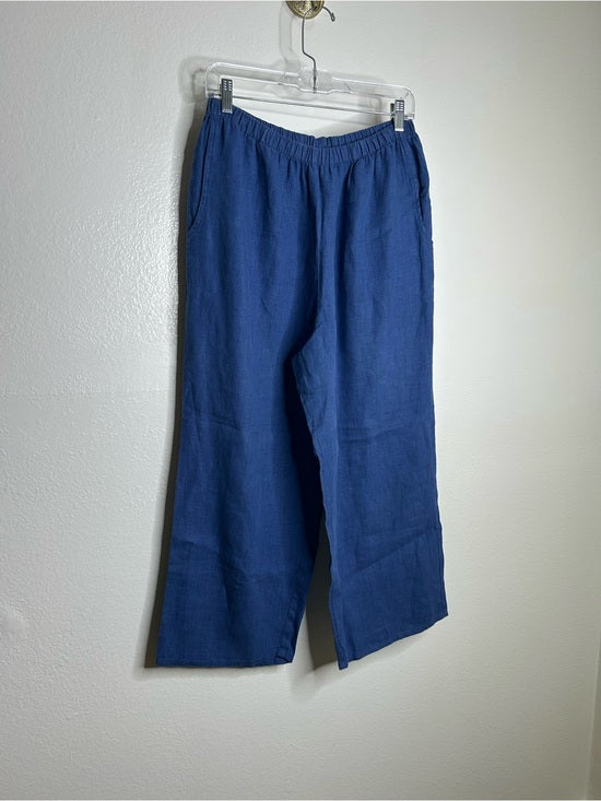 FLAX 100% Linen Blue Cropped Wide Leg Pull on Pant