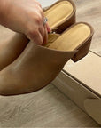 Nisolo All Day Heeled Leather Heeled Mule in Almond