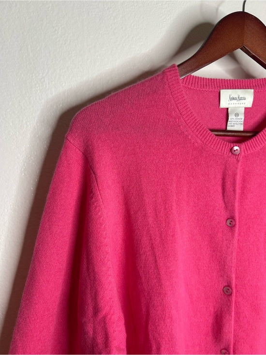 Neiman Marcus 100% Cashmere Hot Pink Button Down Crew Neck Cardigan Sweater