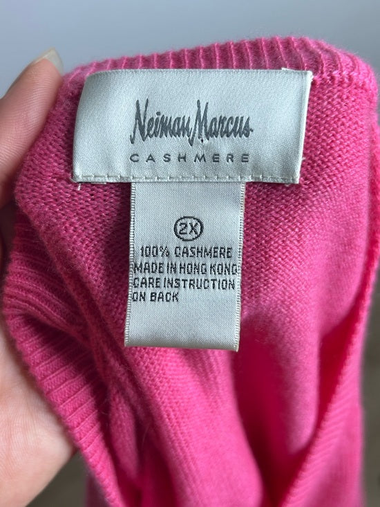 Neiman Marcus 100% Cashmere Hot Pink Button Down Crew Neck Cardigan Sweater