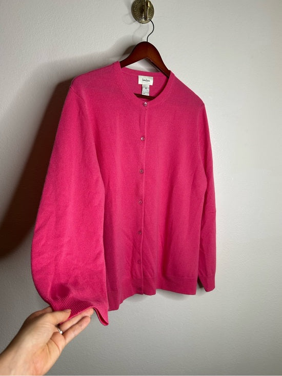 Neiman Marcus 100% Cashmere Hot Pink Button Down Crew Neck Cardigan Sweater