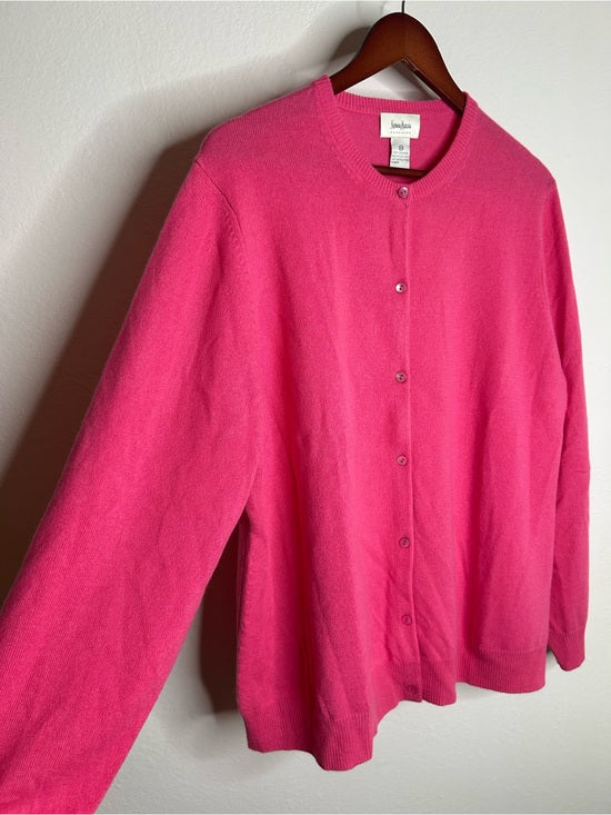 Neiman Marcus 100% Cashmere Hot Pink Button Down Crew Neck Cardigan Sweater