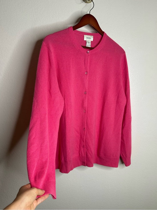 Neiman Marcus 100% Cashmere Hot Pink Button Down Crew Neck Cardigan Sweater