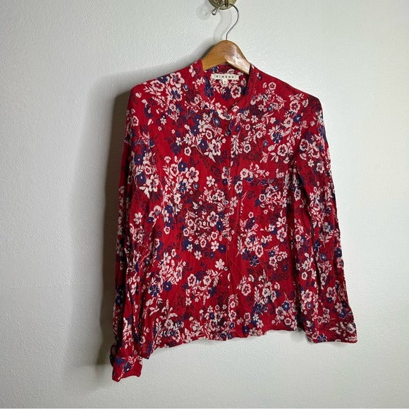 XiRENA Xirena 100% Cotton Red Floral Lightweight Button Down Long Sleeve Blouse - Cotton