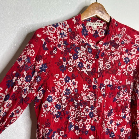 Xirena 100% Cotton Red Floral Lightweight Button Down Long Sleeve Blouse