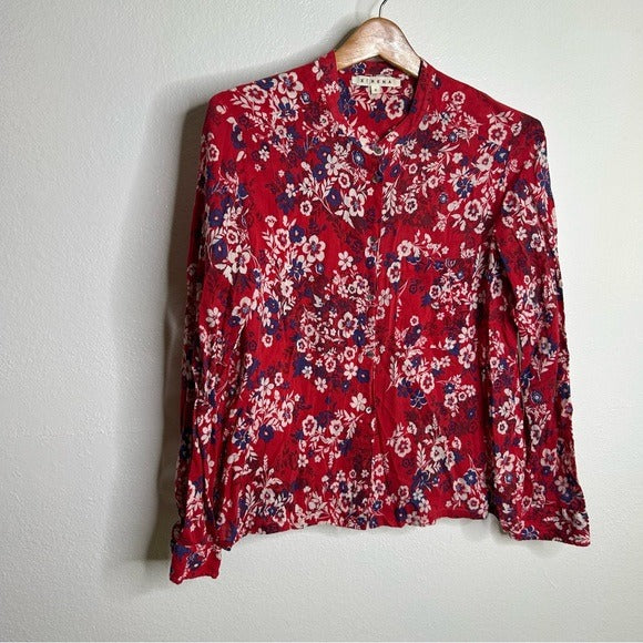 XiRENA Xirena 100% Cotton Red Floral Lightweight Button Down Long Sleeve Blouse - Cotton