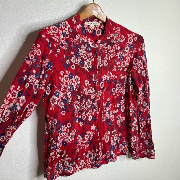 XiRENA Xirena 100% Cotton Red Floral Lightweight Button Down Long Sleeve Blouse - Cotton