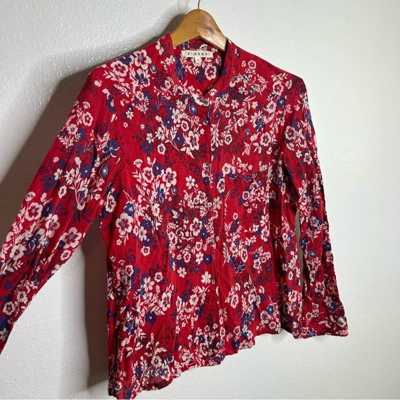 XiRENA Xirena 100% Cotton Red Floral Lightweight Button Down Long Sleeve Blouse - Cotton