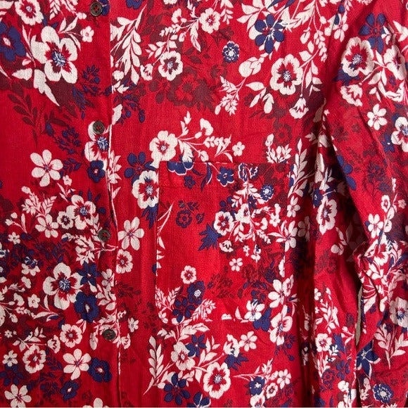 XiRENA Xirena 100% Cotton Red Floral Lightweight Button Down Long Sleeve Blouse - Cotton