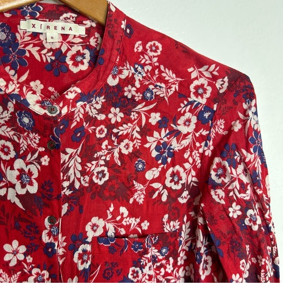 XiRENA Xirena 100% Cotton Red Floral Lightweight Button Down Long Sleeve Blouse - Cotton