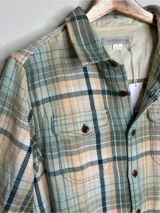 Outerknown 100% Organic Cotton Teal Neutral Check Blanket Shirt Button Down