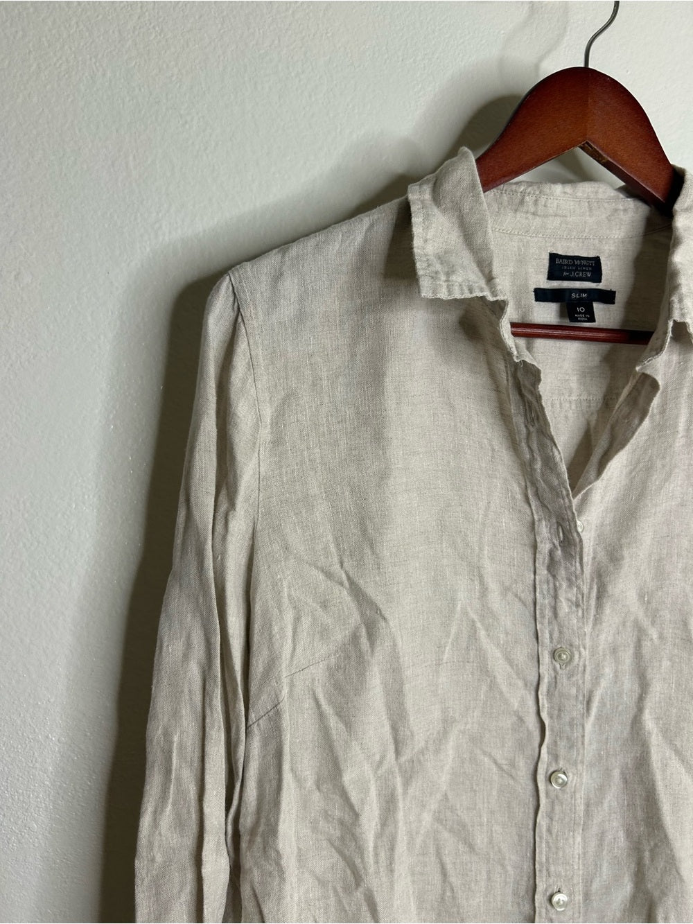 J. Crew x Baird McNutt 100% Linen Tan Oatmeal Slim Fit Long Sleeve Button Down