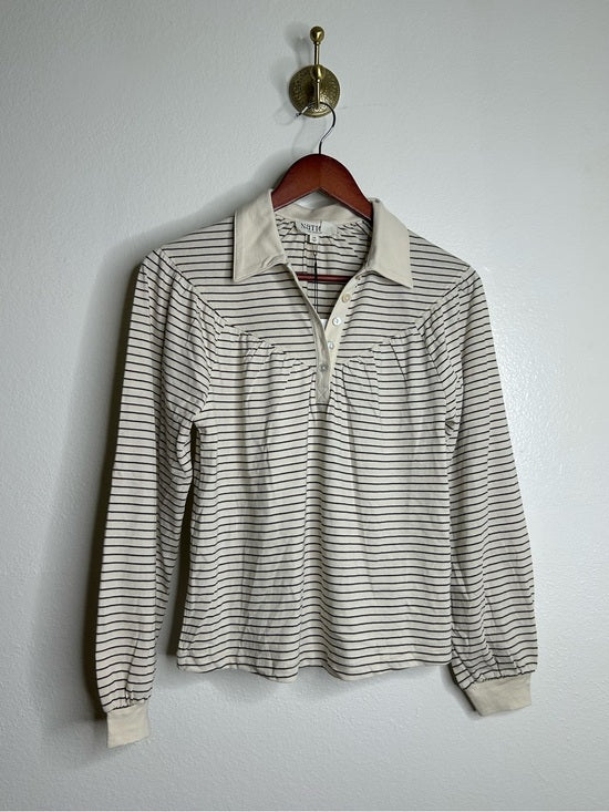 Nation LTD Nation LA 100% Organic Cotton Collared Espresso Pinstripe Long Sleeve Blouse - Cotton