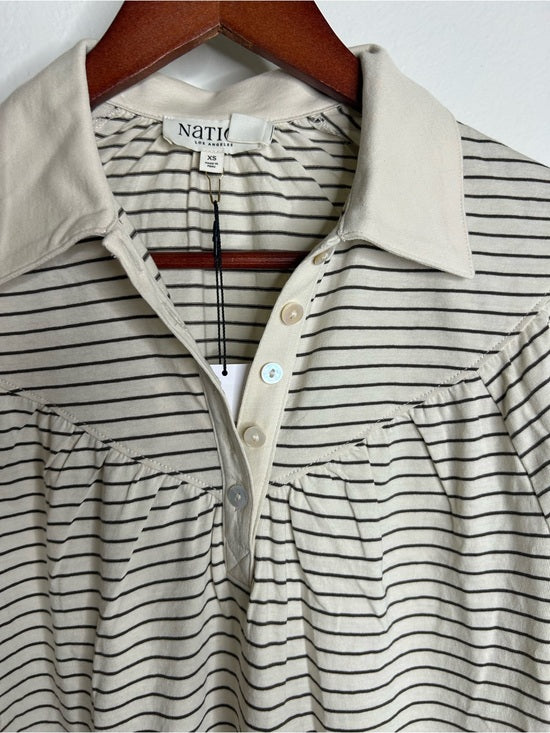 Nation LA 100% Organic Cotton Collared Espresso Pinstripe Long Sleeve Blouse