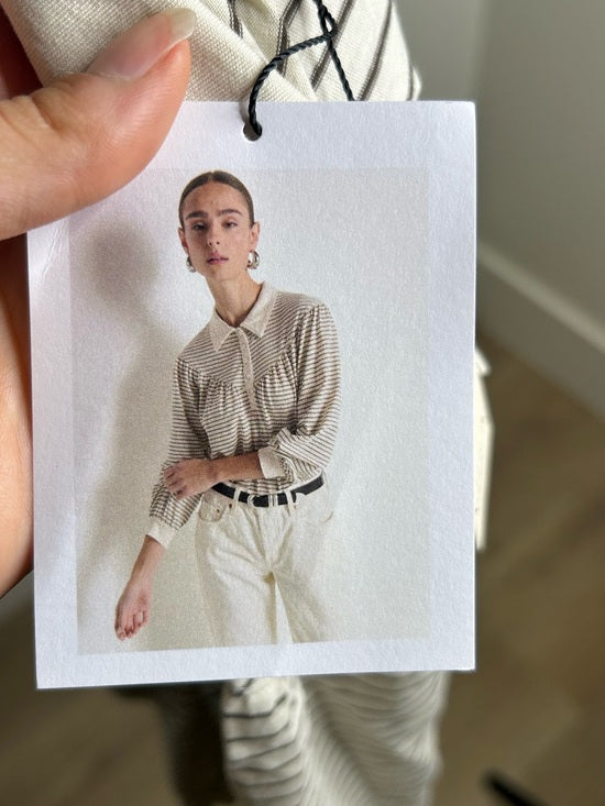 Nation LA 100% Organic Cotton Collared Espresso Pinstripe Long Sleeve Blouse