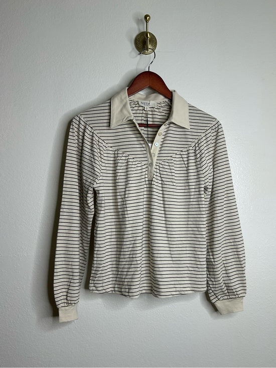 Nation LTD Nation LA 100% Organic Cotton Collared Espresso Pinstripe Long Sleeve Blouse - Cotton