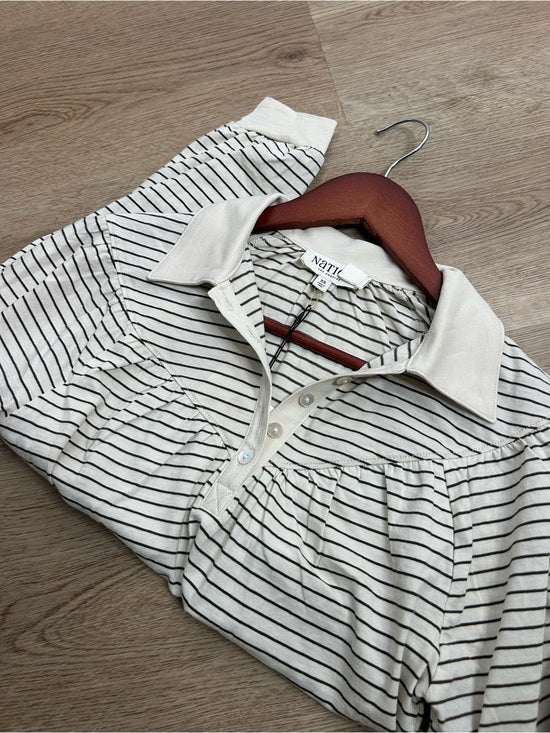 Nation LTD Nation LA 100% Organic Cotton Collared Espresso Pinstripe Long Sleeve Blouse - Cotton