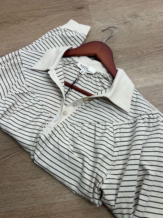 Nation LA 100% Organic Cotton Collared Espresso Pinstripe Long Sleeve Blouse