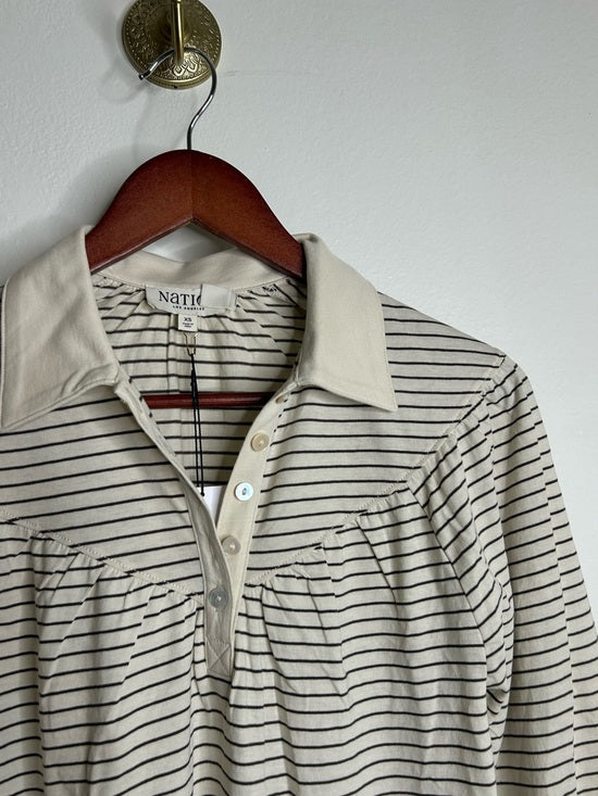 Nation LA 100% Organic Cotton Collared Espresso Pinstripe Long Sleeve Blouse
