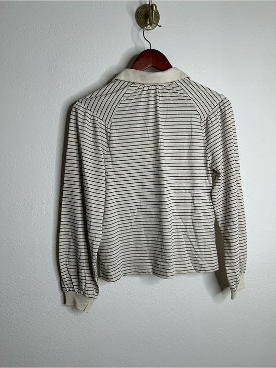 Nation LA 100% Organic Cotton Collared Espresso Pinstripe Long Sleeve Blouse