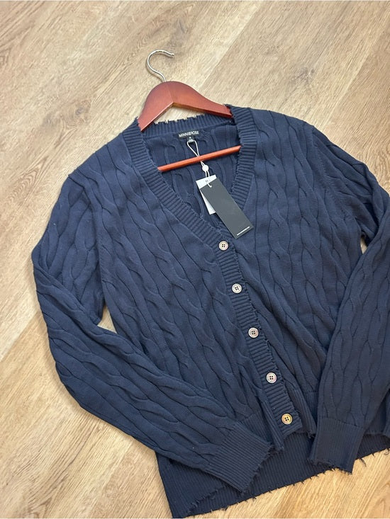 Minnie Rose 100% Cotton Navy Blue Cable Knit Distressed Button Down Cardigan