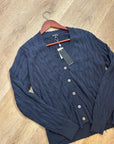 Minnie Rose 100% Cotton Navy Blue Cable Knit Distressed Button Down Cardigan