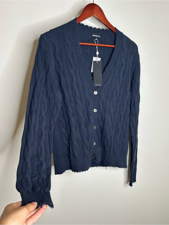 Minnie Rose 100% Cotton Navy Blue Cable Knit Distressed Button Down Cardigan