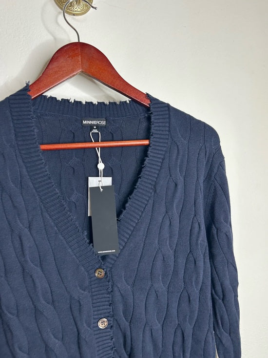 Minnie Rose 100% Cotton Navy Blue Cable Knit Distressed Button Down Cardigan
