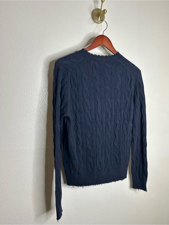 Minnie Rose 100% Cotton Navy Blue Cable Knit Distressed Button Down Cardigan