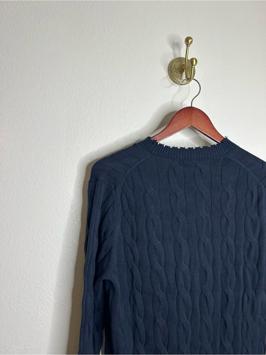 Minnie Rose 100% Cotton Navy Blue Cable Knit Distressed Button Down Cardigan