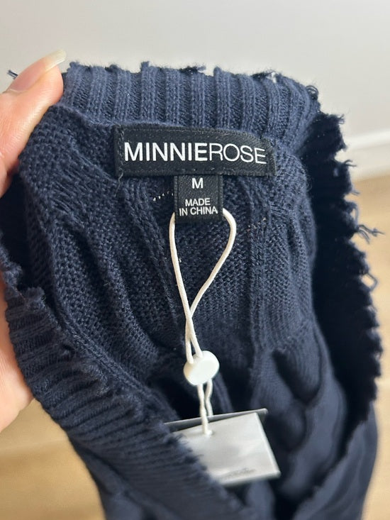 Minnie Rose 100% Cotton Navy Blue Cable Knit Distressed Button Down Cardigan