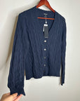 Minnie Rose 100% Cotton Navy Blue Cable Knit Distressed Button Down Cardigan