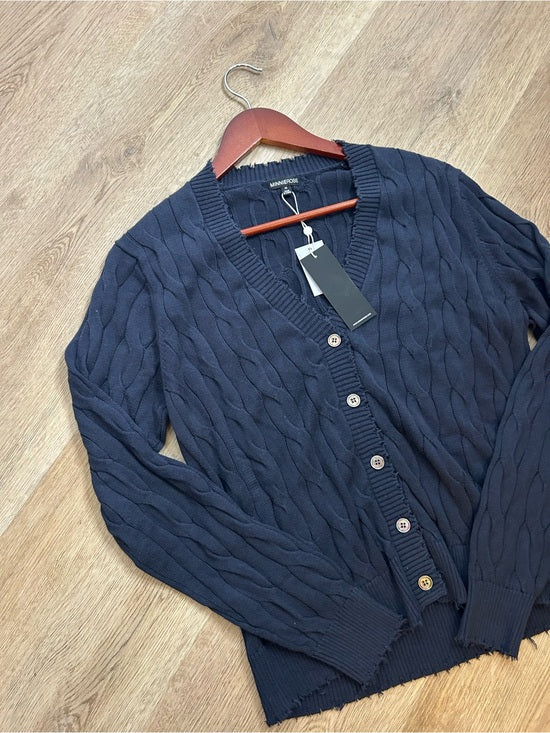Minnie Rose 100% Cotton Navy Blue Cable Knit Distressed Button Down Cardigan