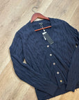 Minnie Rose 100% Cotton Navy Blue Cable Knit Distressed Button Down Cardigan