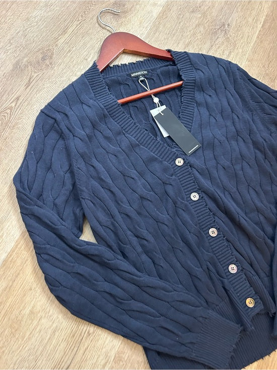 Minnie Rose 100% Cotton Navy Blue Cable Knit Distressed Button Down Cardigan