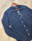 Minnie Rose 100% Cotton Navy Blue Cable Knit Distressed Button Down Cardigan