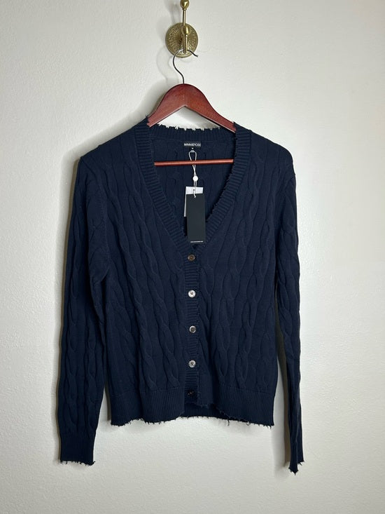 Minnie Rose 100% Cotton Navy Blue Cable Knit Distressed Button Down Cardigan