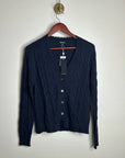 Minnie Rose 100% Cotton Navy Blue Cable Knit Distressed Button Down Cardigan