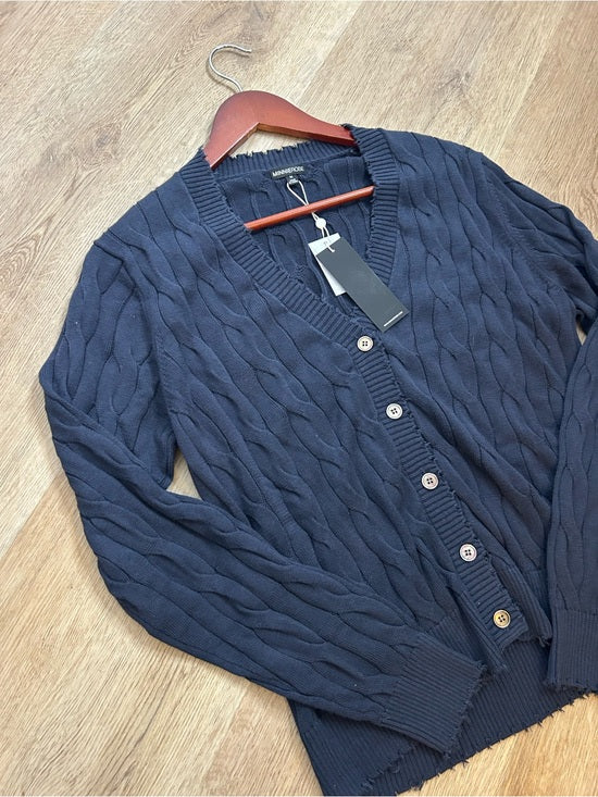 Minnie Rose 100% Cotton Navy Blue Cable Knit Distressed Button Down Cardigan