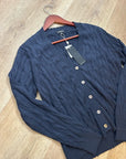 Minnie Rose 100% Cotton Navy Blue Cable Knit Distressed Button Down Cardigan