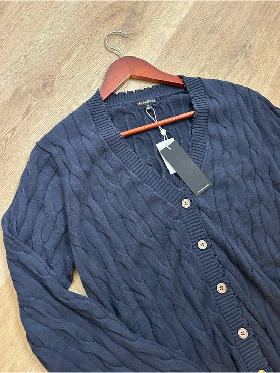 Minnie Rose 100% Cotton Navy Blue Cable Knit Distressed Button Down Cardigan