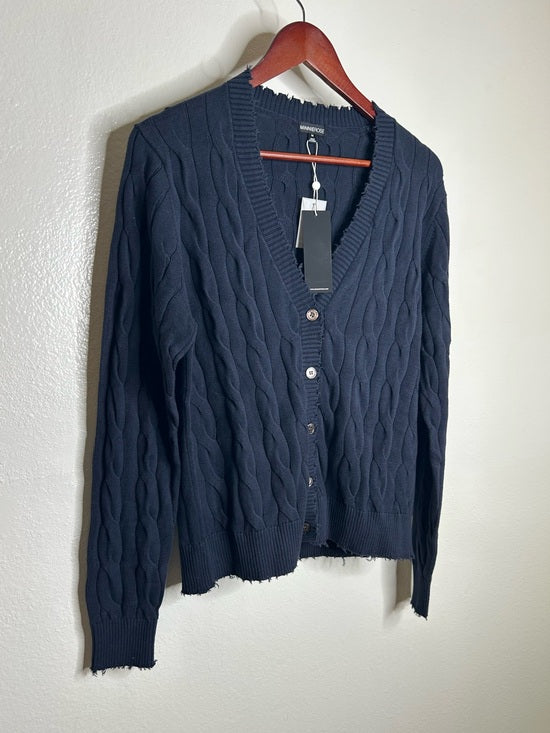 Minnie Rose 100% Cotton Navy Blue Cable Knit Distressed Button Down Cardigan