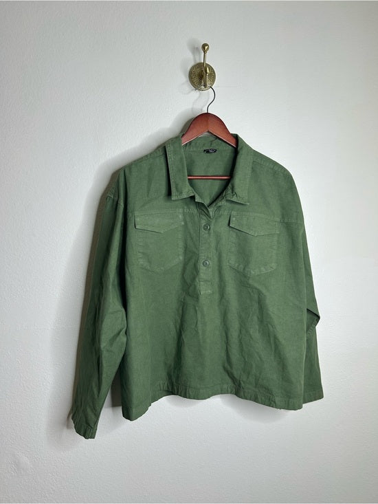 J. Crew J. Crew Cotton Linen Army Green Collared Heavyweight Safari Top With Pockets - Cotton, Linen