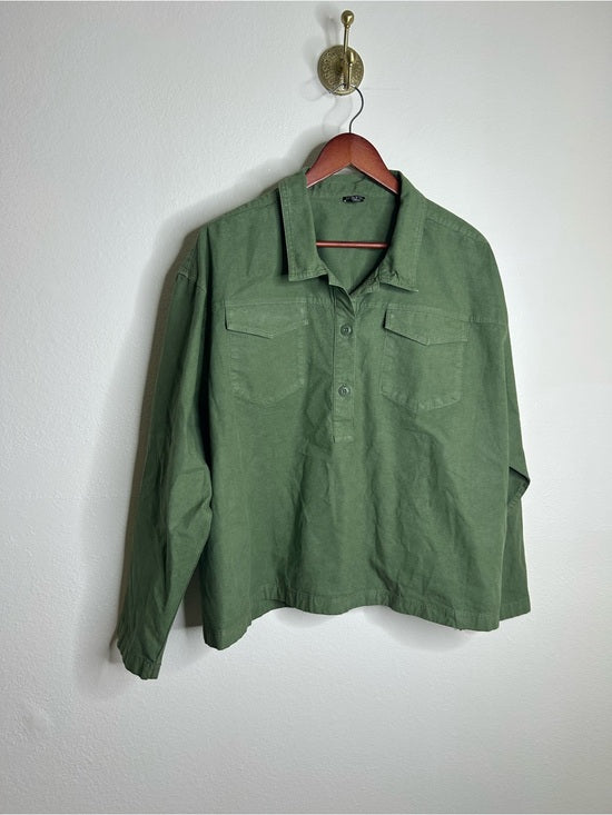 J. Crew J. Crew Cotton Linen Army Green Collared Heavyweight Safari Top With Pockets - Cotton, Linen
